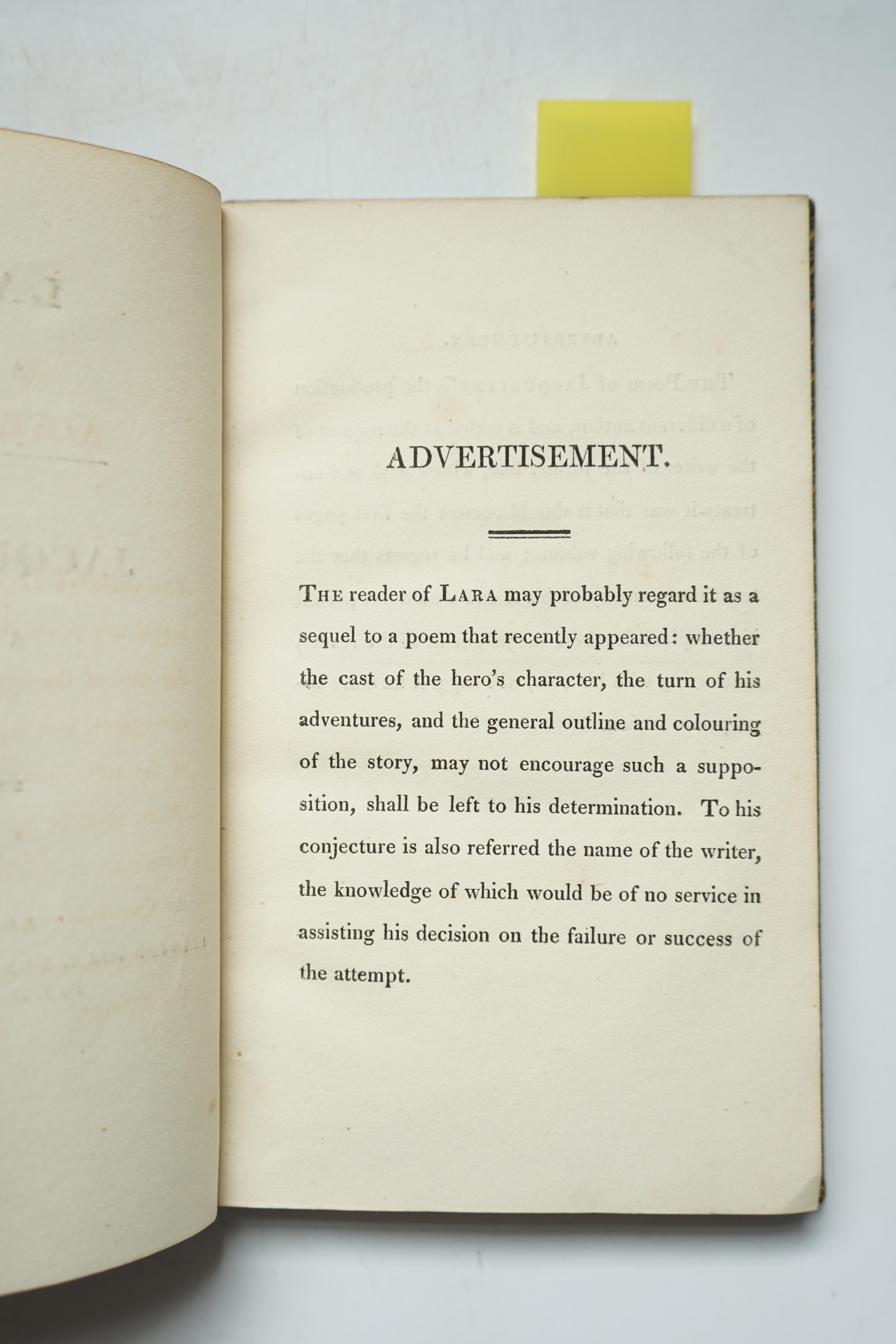 Byron, George Gordon Noel, Lord - Lara, a Tale; Jacqueline, a Tale, 1st edition, 12mo, calf, lacks half title and advertisements, John Murray, 1814.